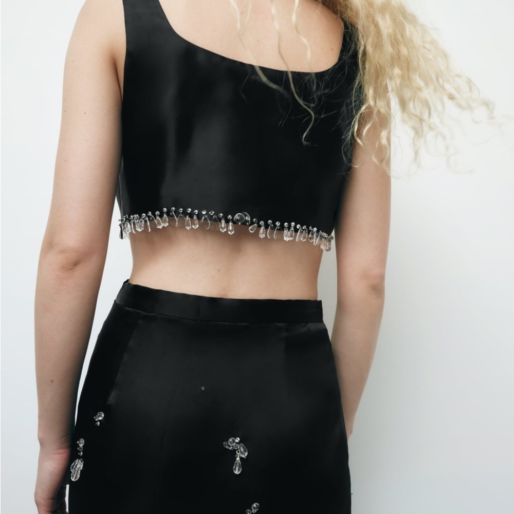 Zara limited edition black clear beaded jewelled sleeveless crop top Sz S NWT - Picture 3 of 16